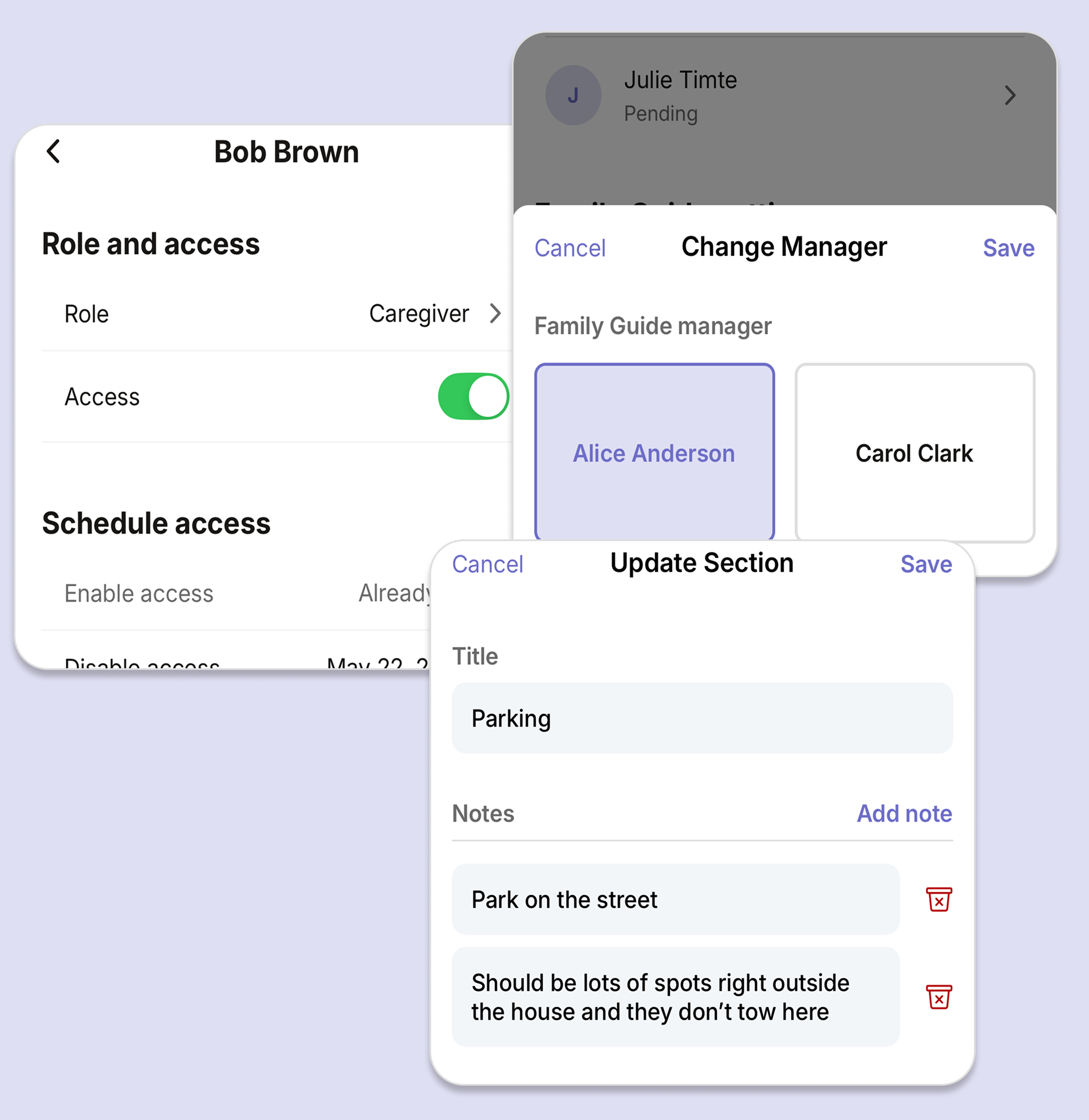 Screenshot of managing access to the family guide