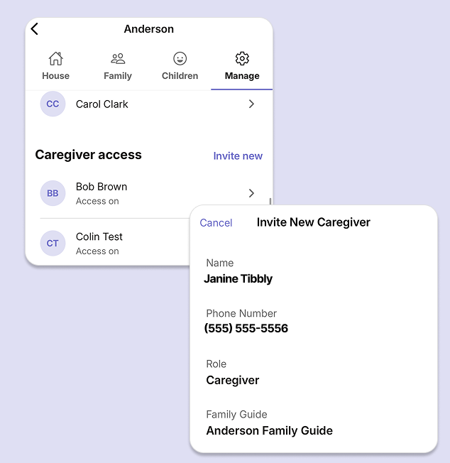 Screenshot of sharing a family guide with a sitter